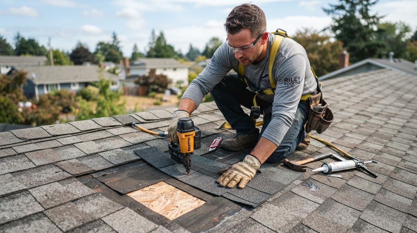 Roofing contractor performing a targeted shingle repair on a residential roof, replacing damaged asphalt shingles