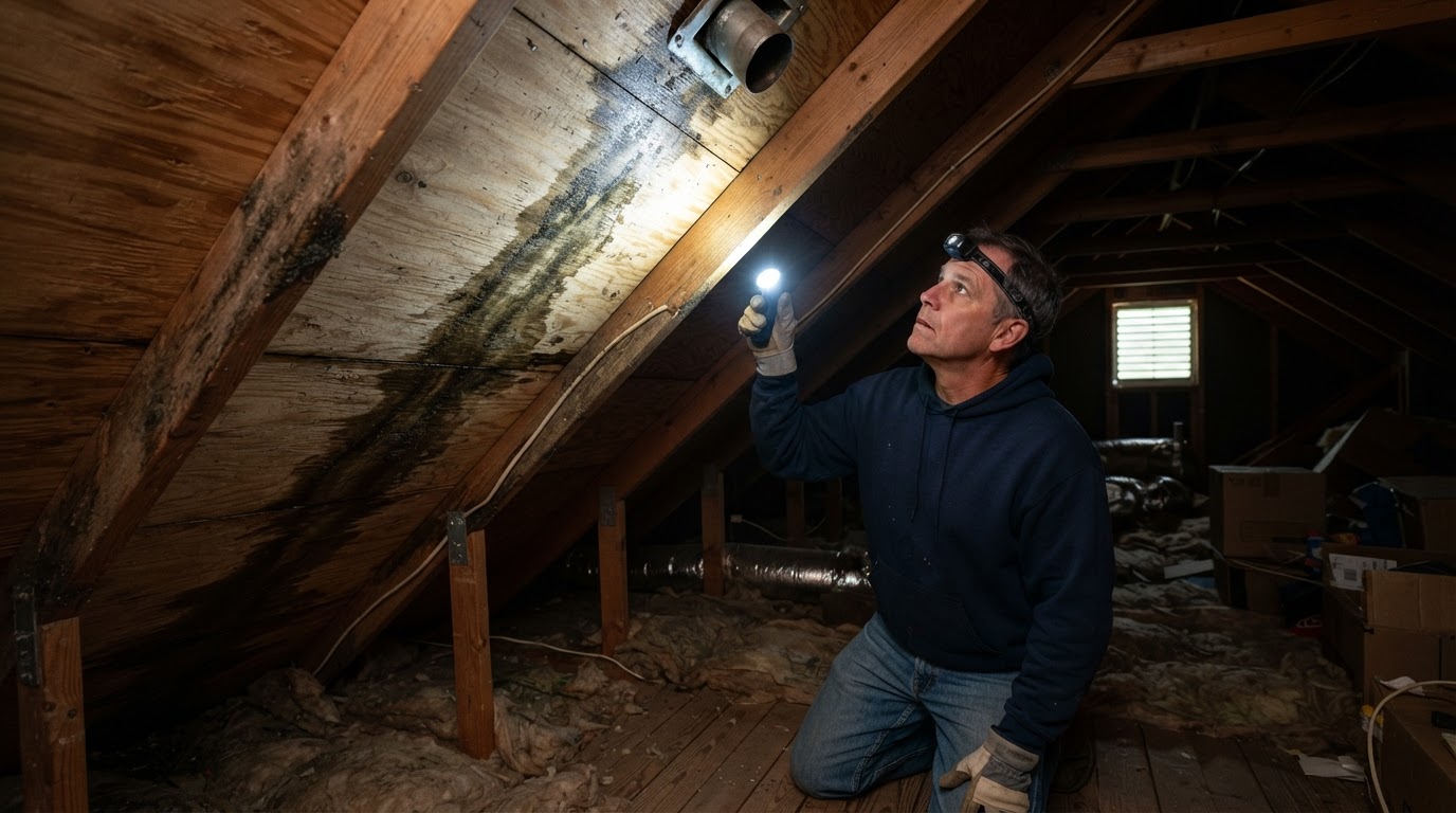 Homeowner using a flashlight to trace a water stain on the underside of a roof deck in an attic