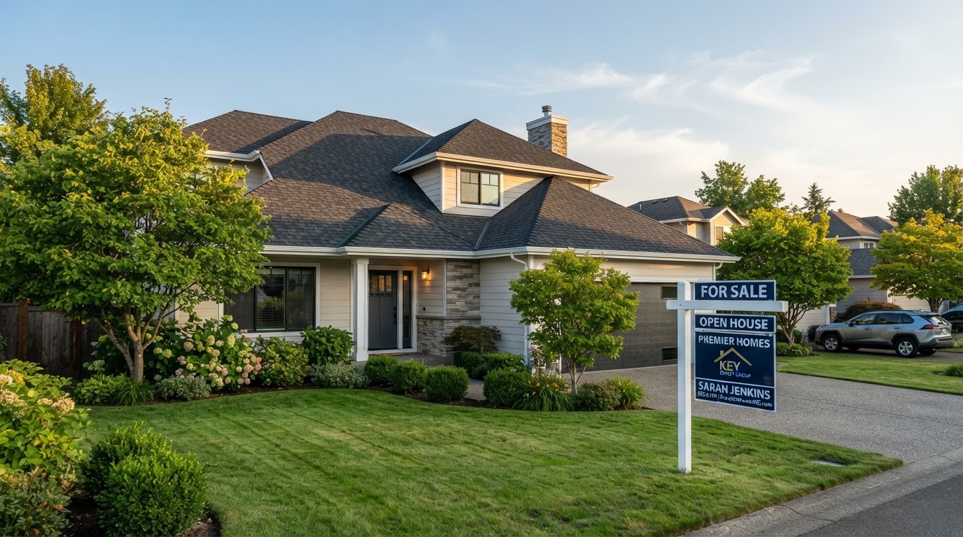 Newly replaced architectural shingle roof on a suburban home with a For Sale sign in the yard