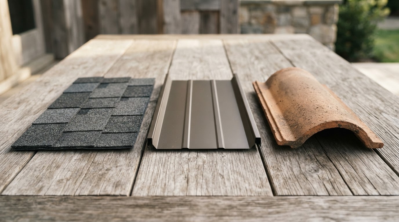 Roofing material samples — asphalt shingles, standing seam metal, and clay tile — arranged on a wood surface