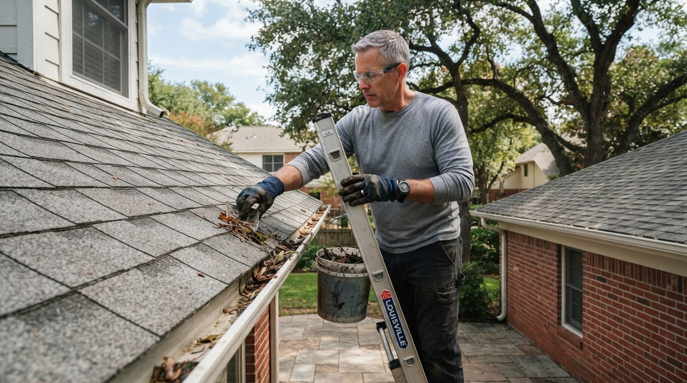 Homeowner safely cleaning gutters with gloves from a ladder at roof edge level