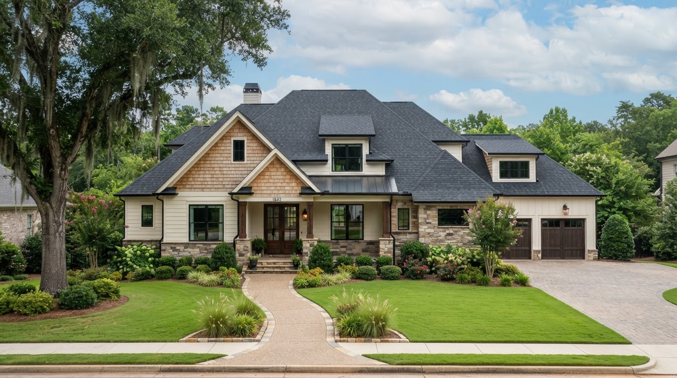Modern home with new architectural shingle roof in Central Alabama