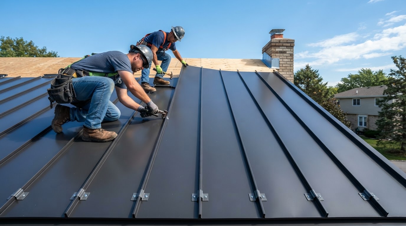 Close-up of a standing seam metal roof showing vertical raised seams and panel joints against a blue sky