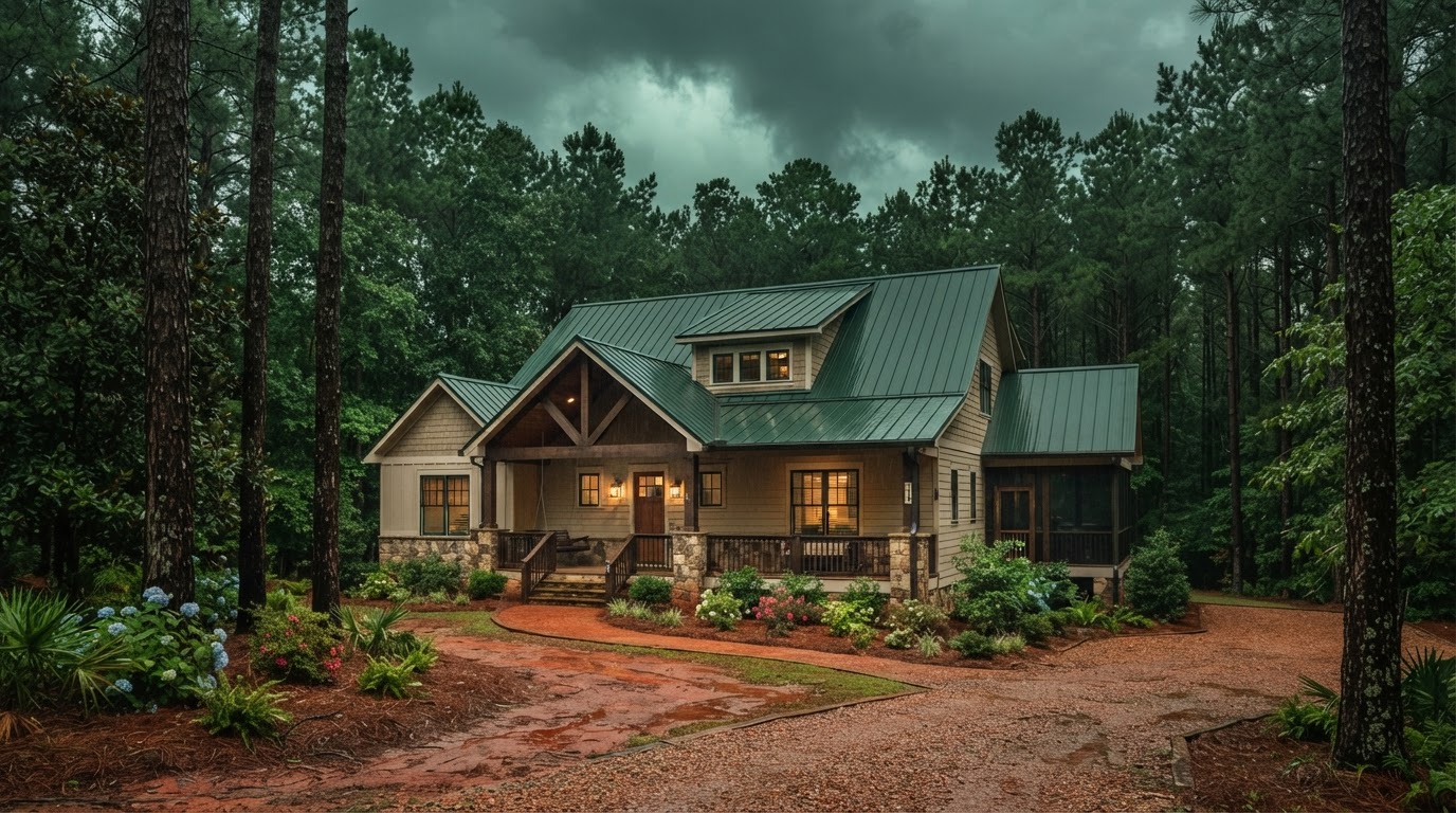 Central Alabama residential homes with rolling hills in the Montgomery River Region area under a clear sky after a storm