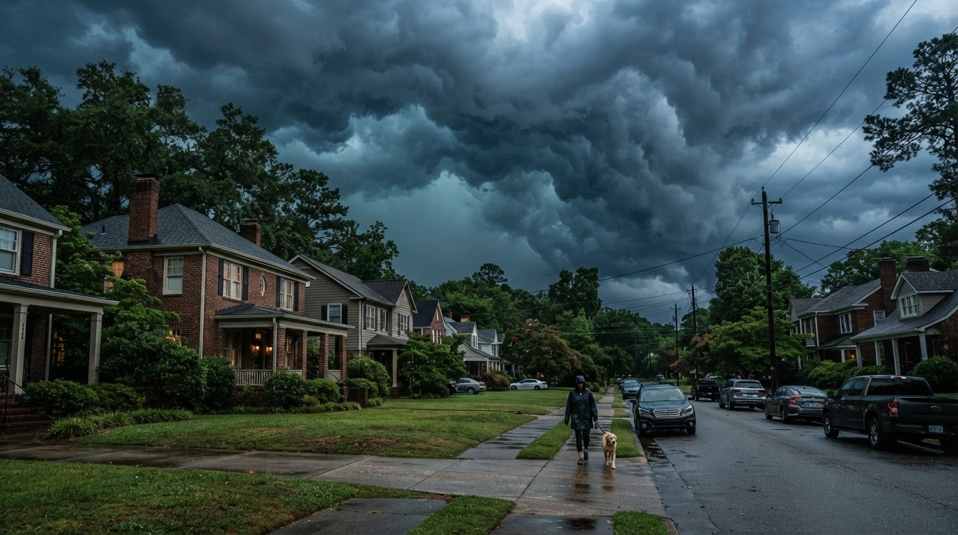 Dark storm clouds rolling over suburban neighborhood rooftops