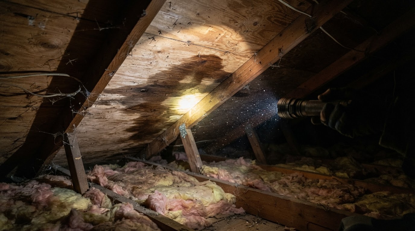 A flashlight beam illuminating a dark water stain spreading across plywood roof decking inside an attic, with dusty insulation below