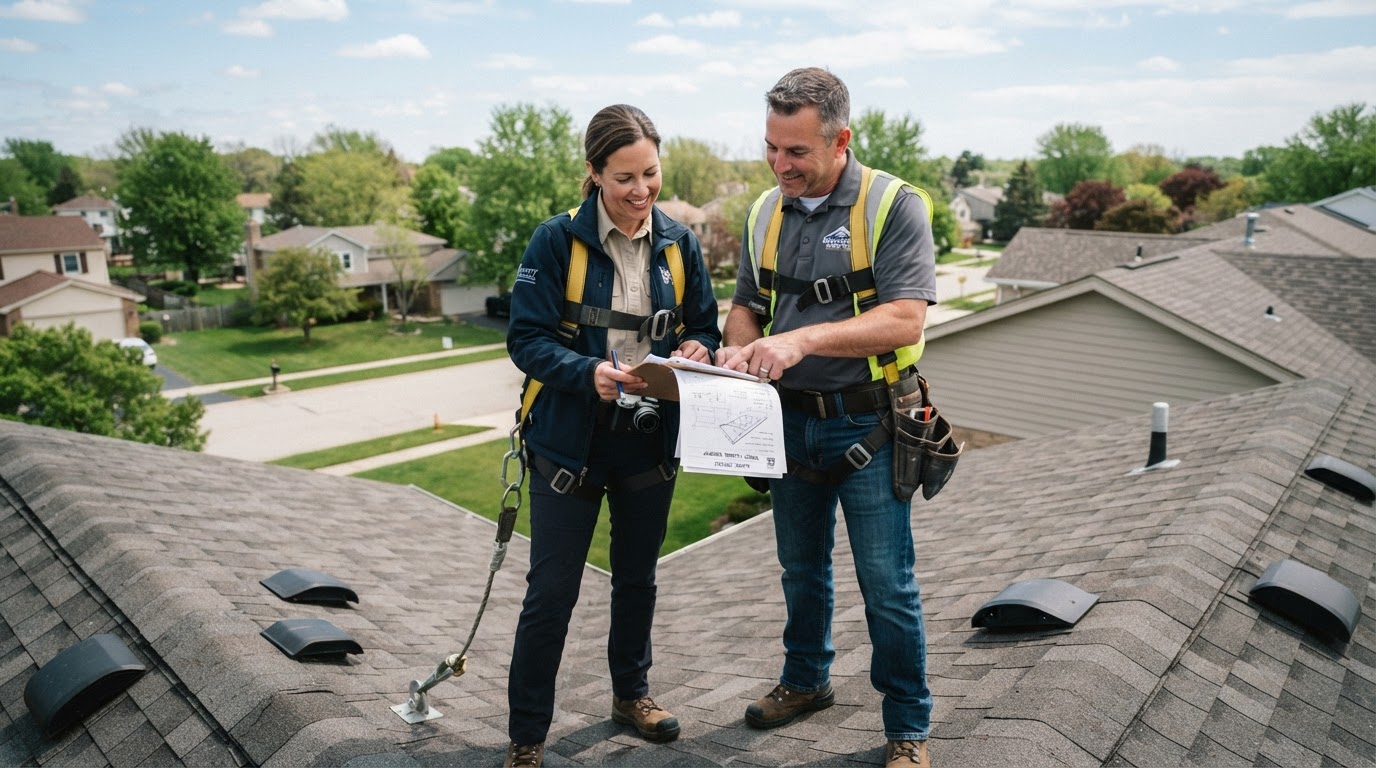 Insurance adjuster and roofing contractor meeting on a residential roof, both reviewing documentation on a clipboard