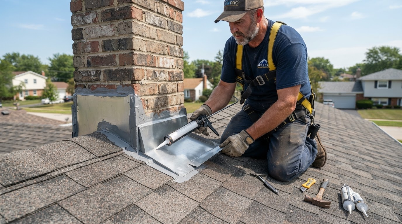 Roofing professional repairing flashing around a chimney