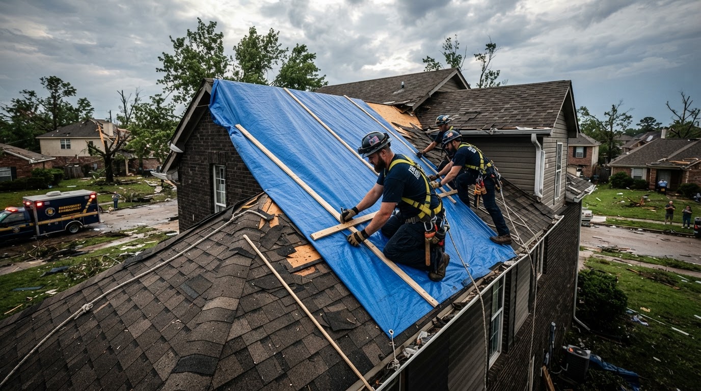 Emergency tarp installation on a damaged residential roof after a storm, blue tarp secured over missing shingles