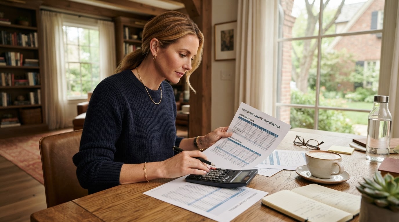 Homeowner reviewing roof replacement financing options and payment schedule with documents on a table