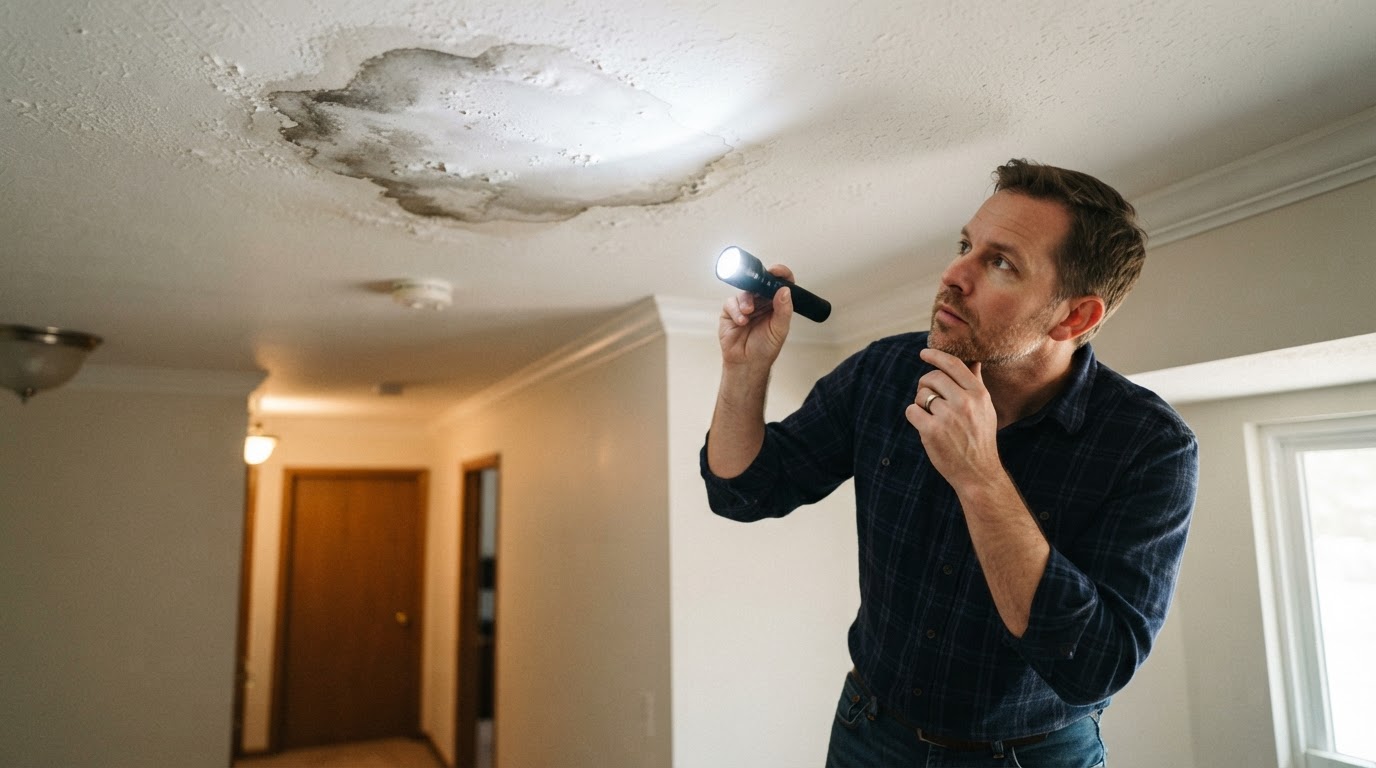Homeowner inspecting a water stain on a ceiling with a flashlight, diagnosing a roof leak from inside the home