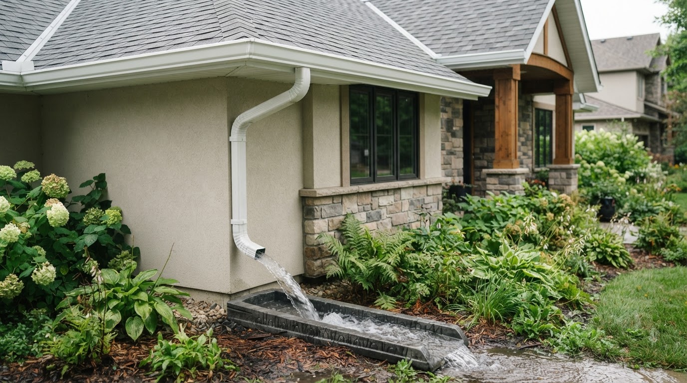 Clean aluminum gutters and downspouts on a residential home directing water away from the foundation