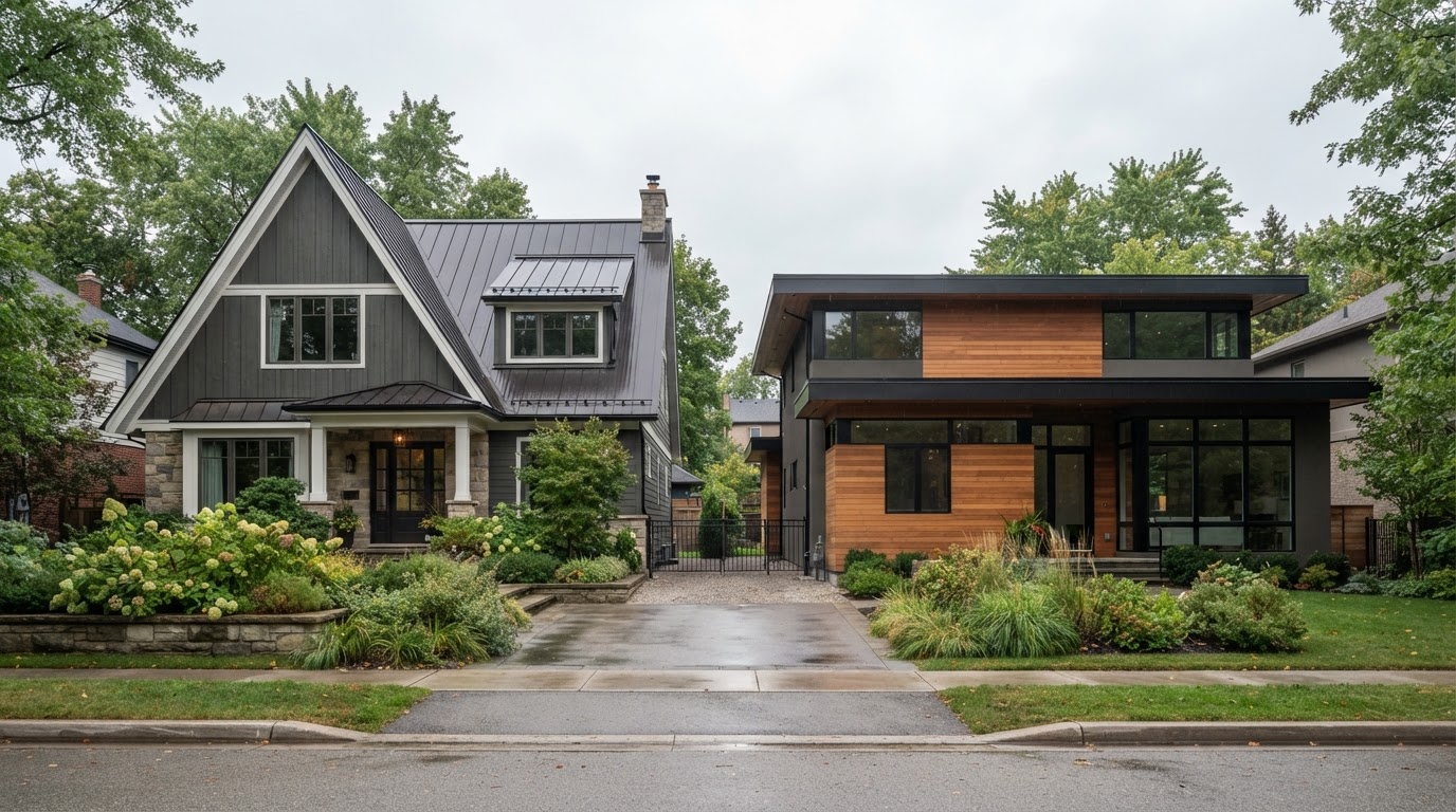 A steep-pitched gable roof home next to a low-slope modern flat roof home showing contrasting roof angles