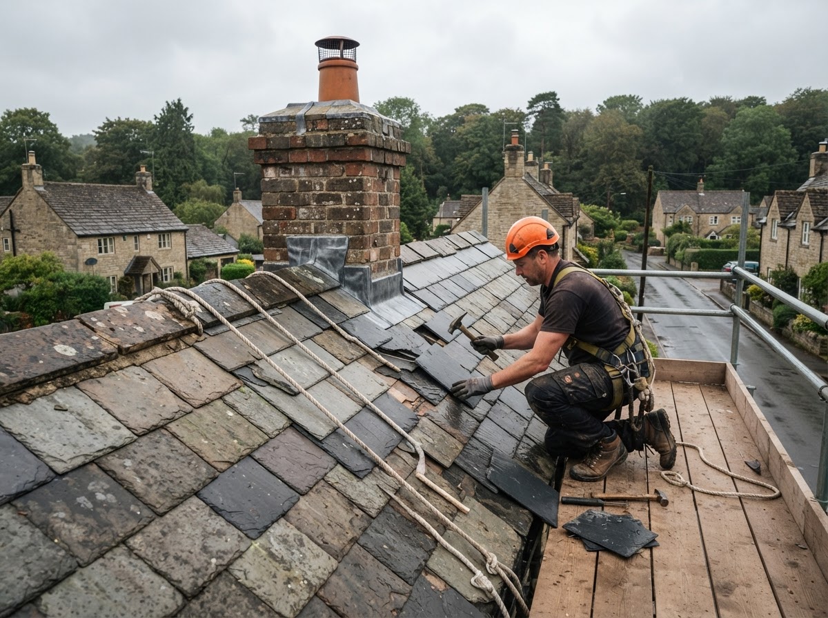 A roofer repairing slate tiles and leadwork on a pitched roof of an older UK property