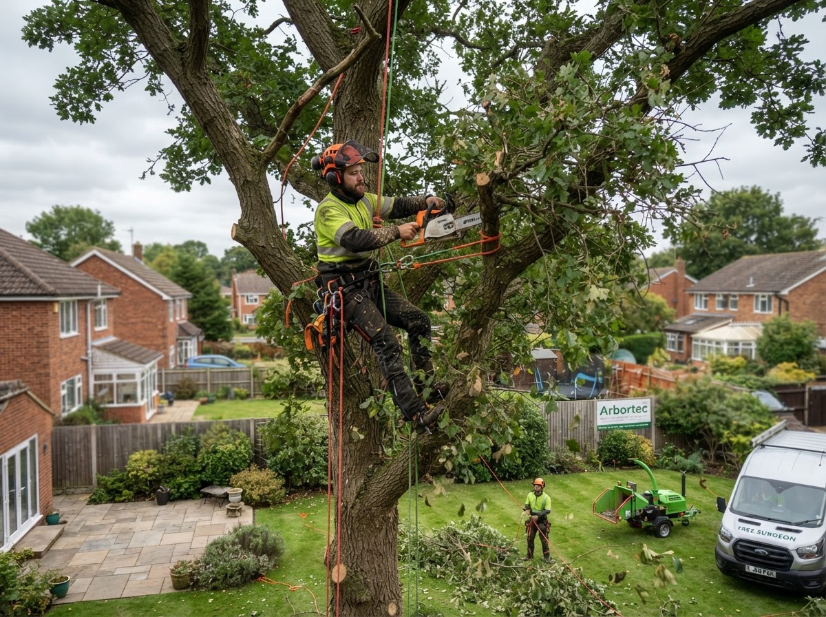 A tree surgeon carrying out crown reduction work on a mature tree in a UK garden