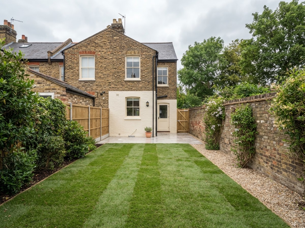 A cleared and tidied rear garden of an older UK property, ready for sale
