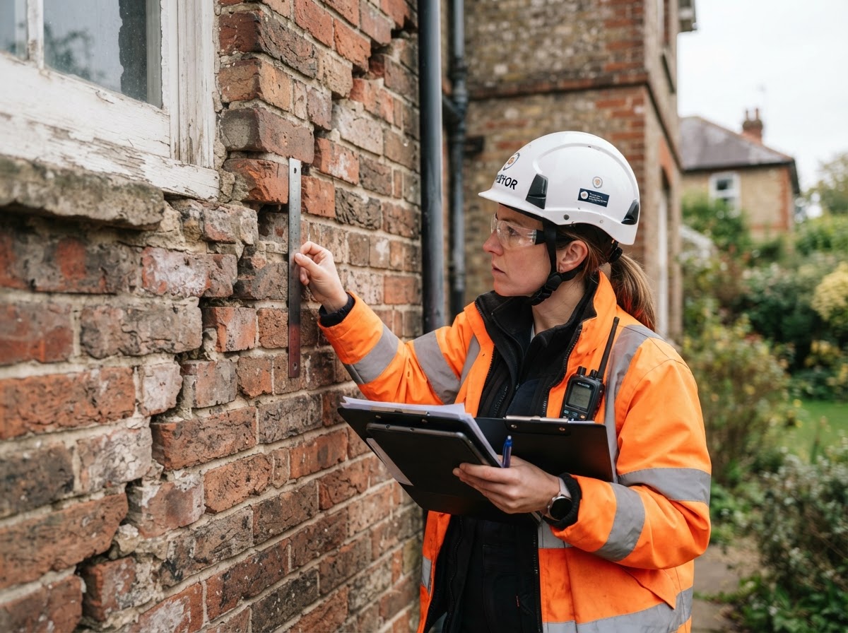 A structural surveyor inspecting an older UK property before sale