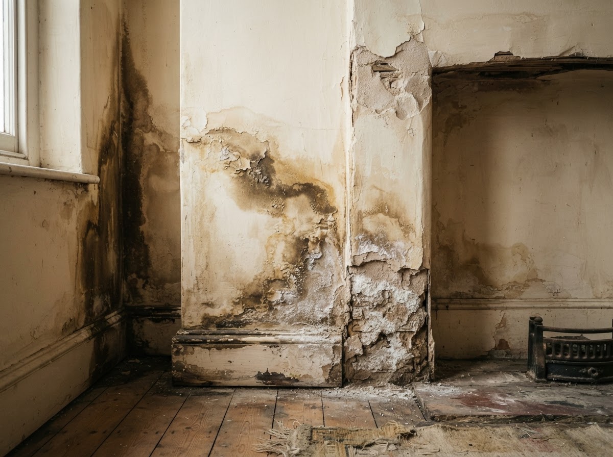 Damp staining and water damage on an internal wall of an older UK property