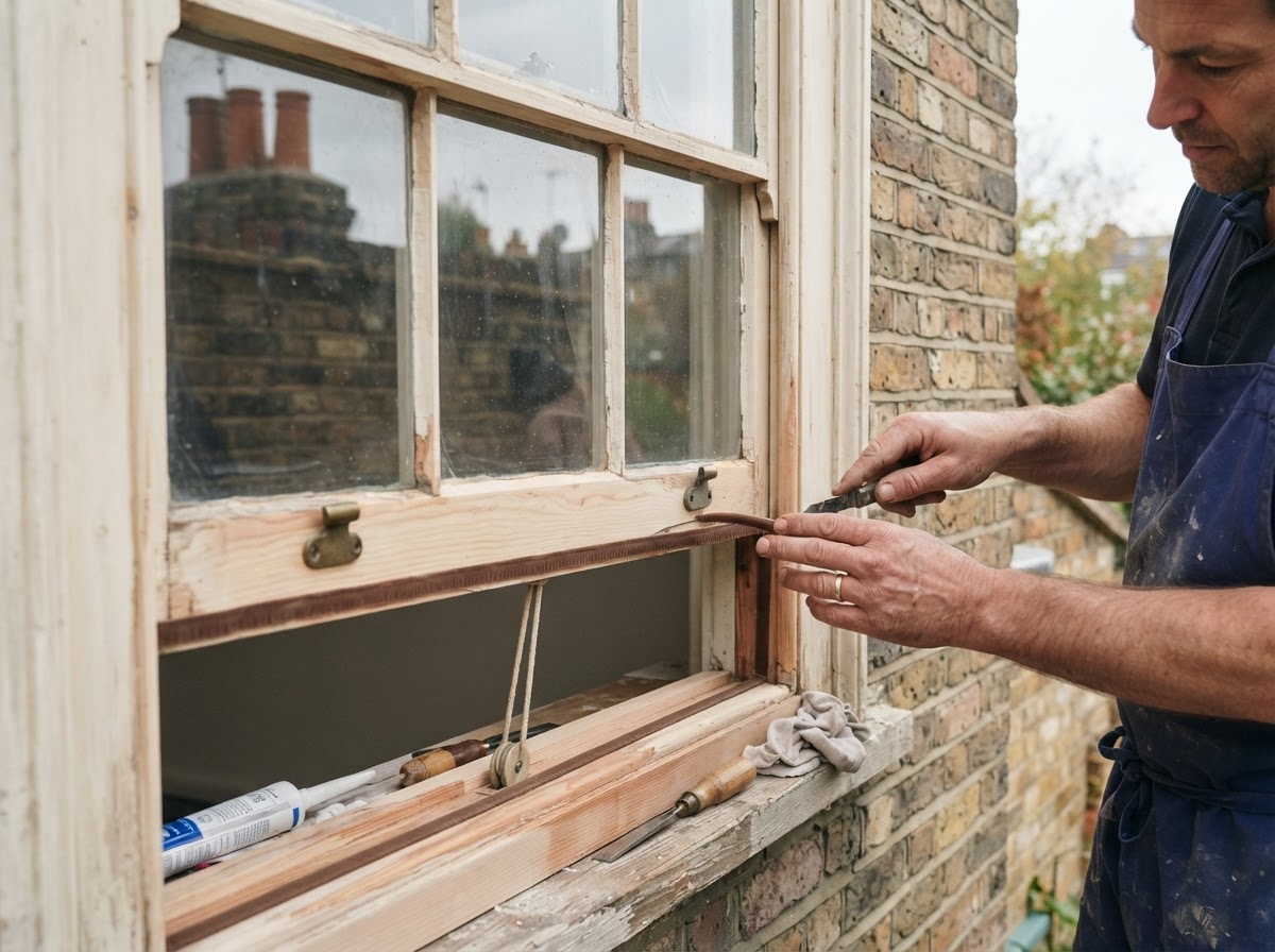 A traditional timber sash window on an older UK Victorian property being repaired