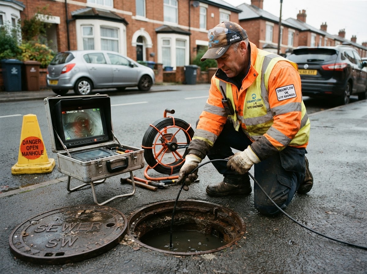 A drainage engineer conducting a CCTV drainage survey on a UK residential street