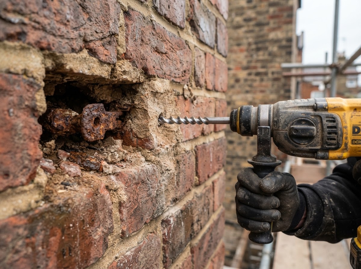 Installation of a remedial stainless steel wall tie into brickwork of an older UK property