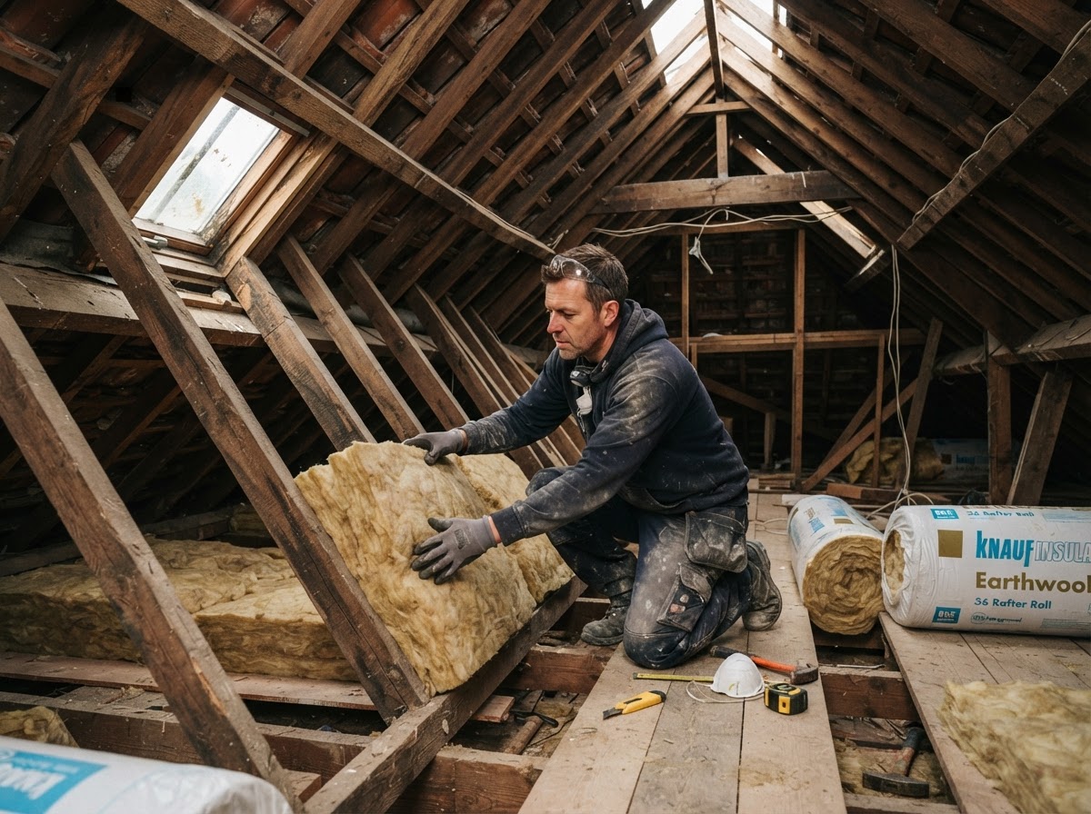 Loft insulation being installed between roof rafters of an older UK property