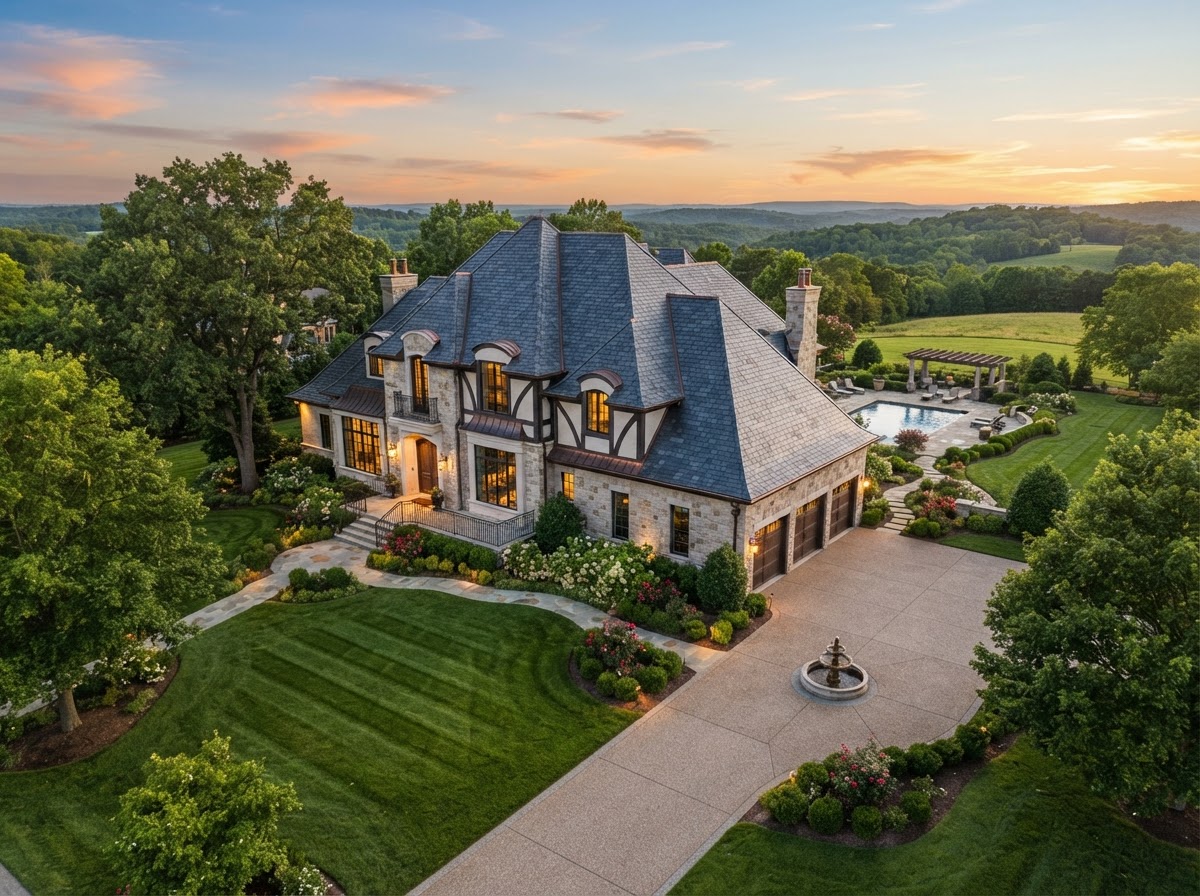 Elegant luxury estate with a synthetic slate roof in dark grey