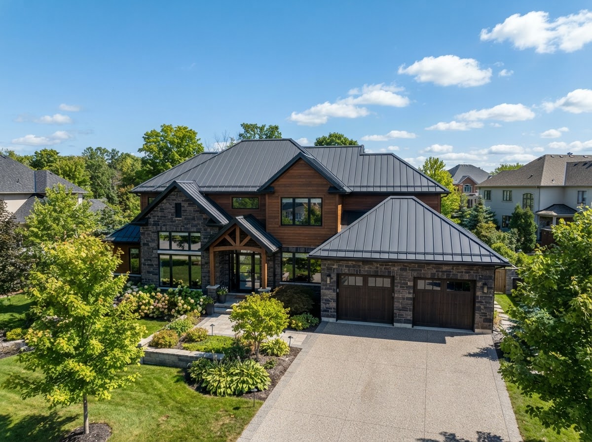 Luxury modern home with a standing seam metal roof in dark bronze finish