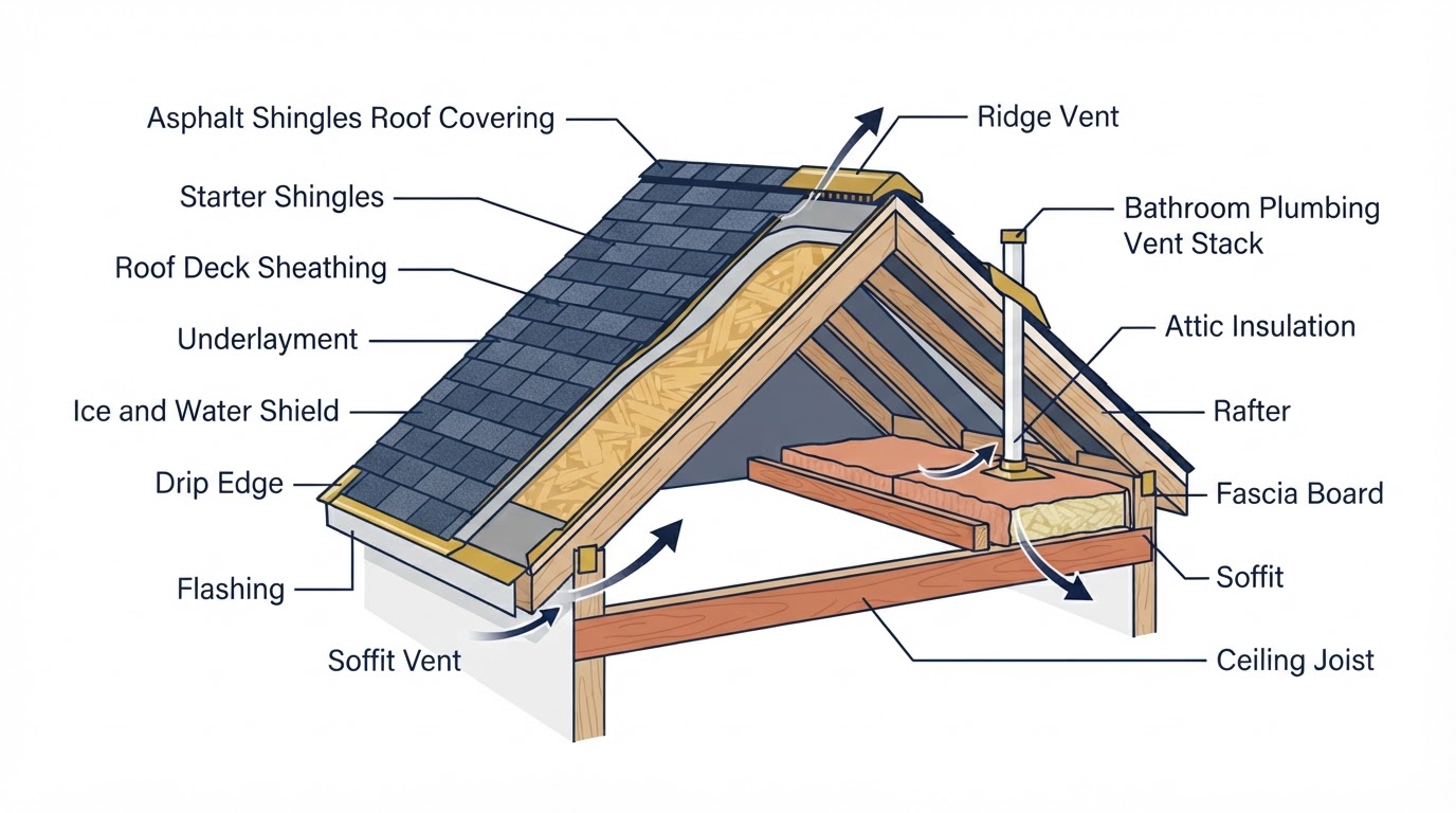 Labeled cross-section diagram of a residential roof system showing the deck, underlayment, ice and water shield, drip edge, starter shingles, shingles, flashing, vents, and insulation