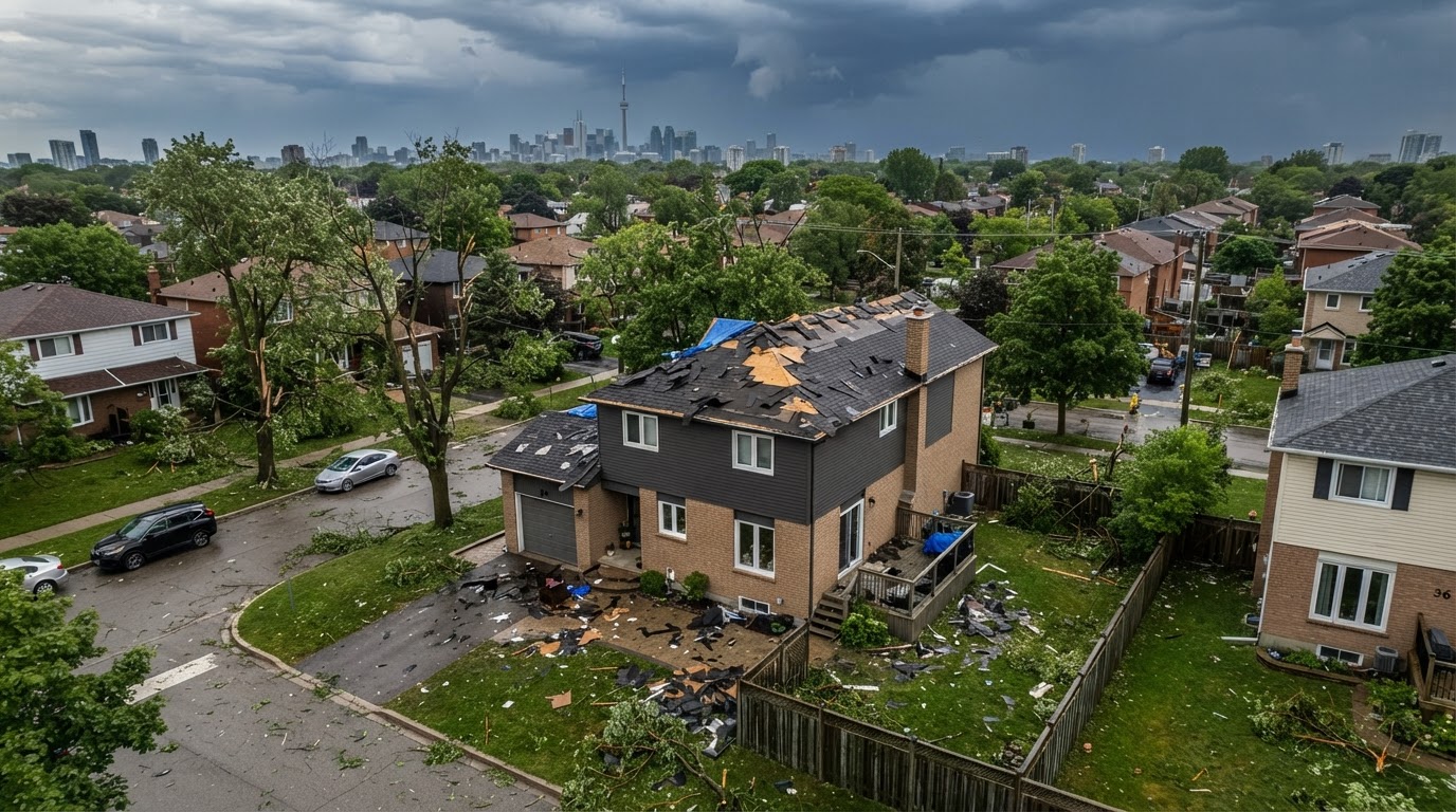 Toronto home with visible wind and storm damage to the roof