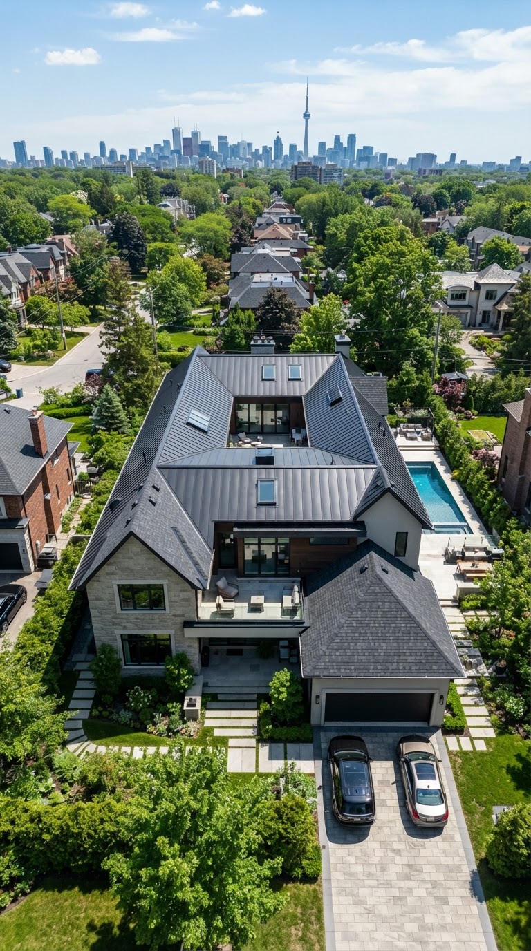Aerial view of luxury estate with premium custom roofing installed by Eagle Roofing in Toronto