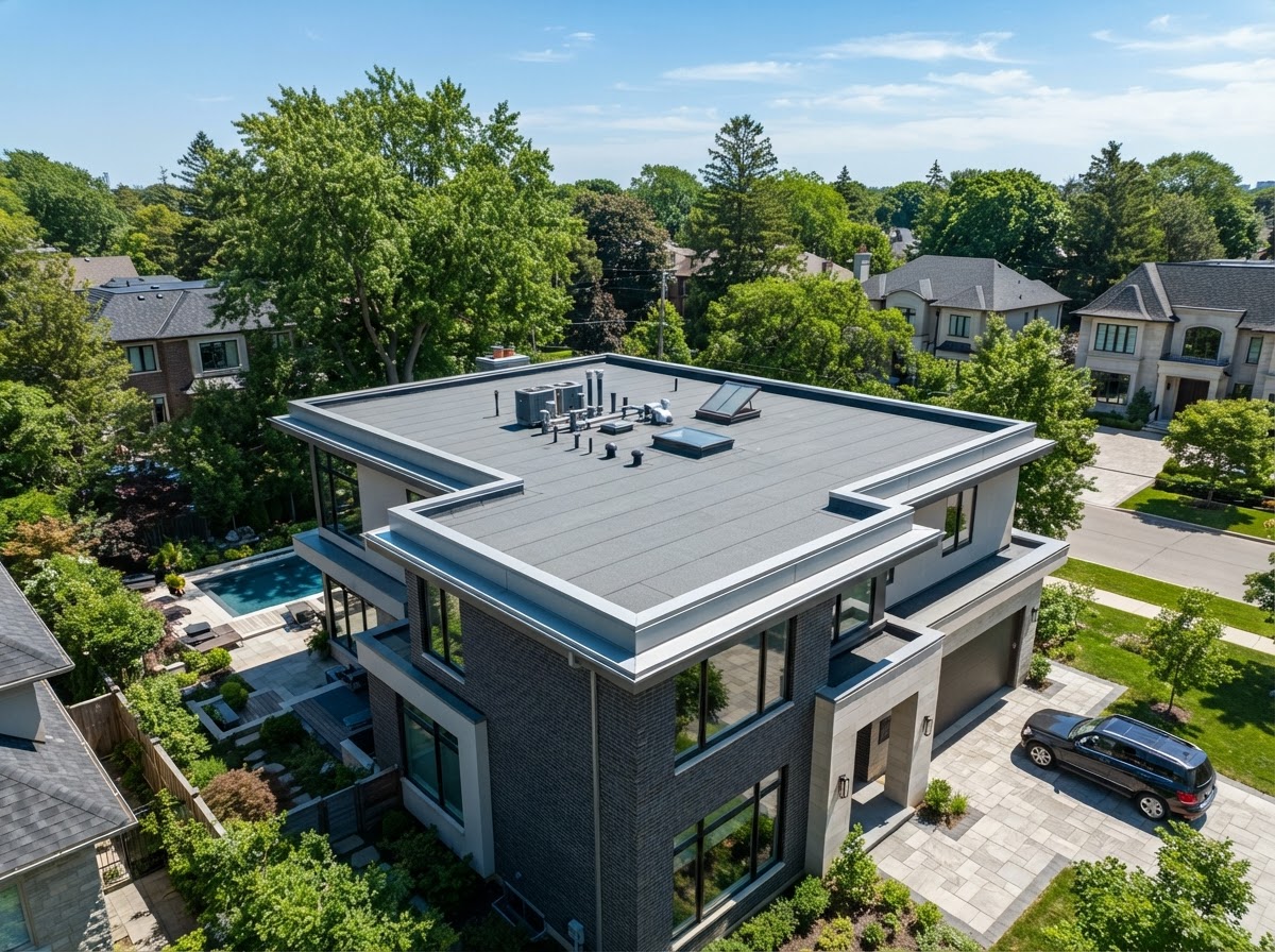 Modern flat roof installation on a contemporary luxury home