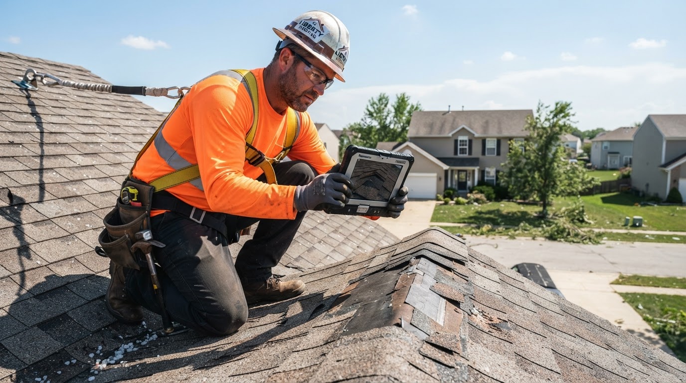Eagle Roofing contractor documenting storm damage on a residential roof