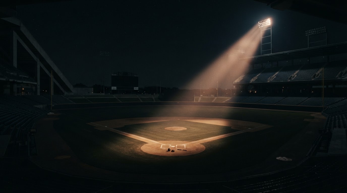 Empty baseball stadium at night with a single dramatic floodlight beam