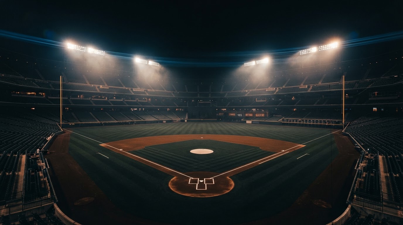 Baseball stadium at night under dramatic floodlights