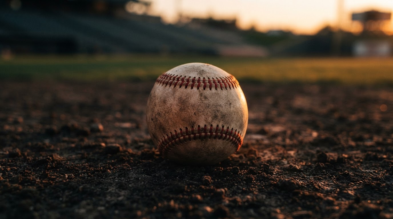 Baseball resting on infield dirt with visible red seams in warm light