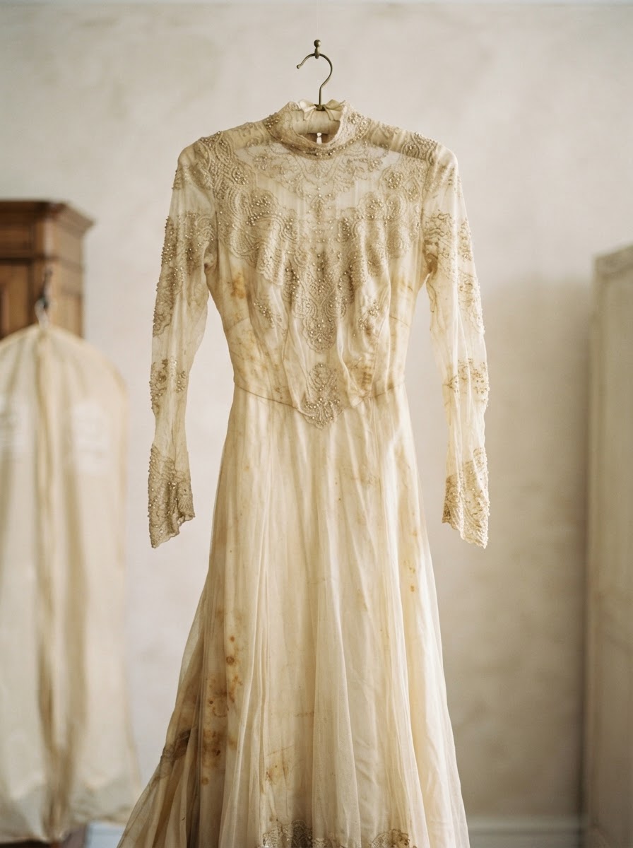 Heirloom Gown before restoration — yellowed and stained