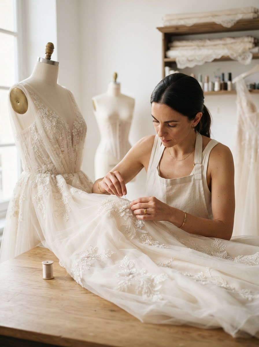 Specialist carefully hand-finishing a delicate white wedding gown