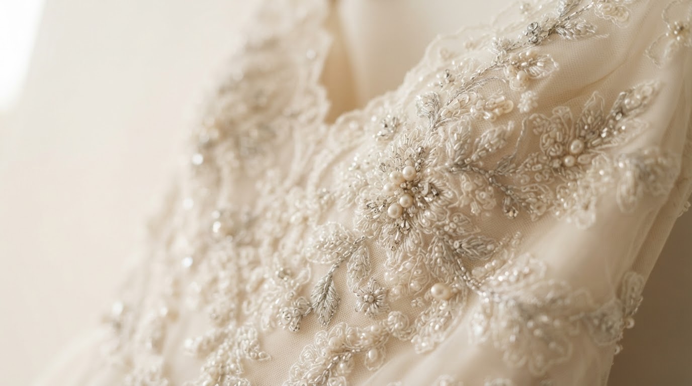 Delicate wedding gown lace and beadwork details