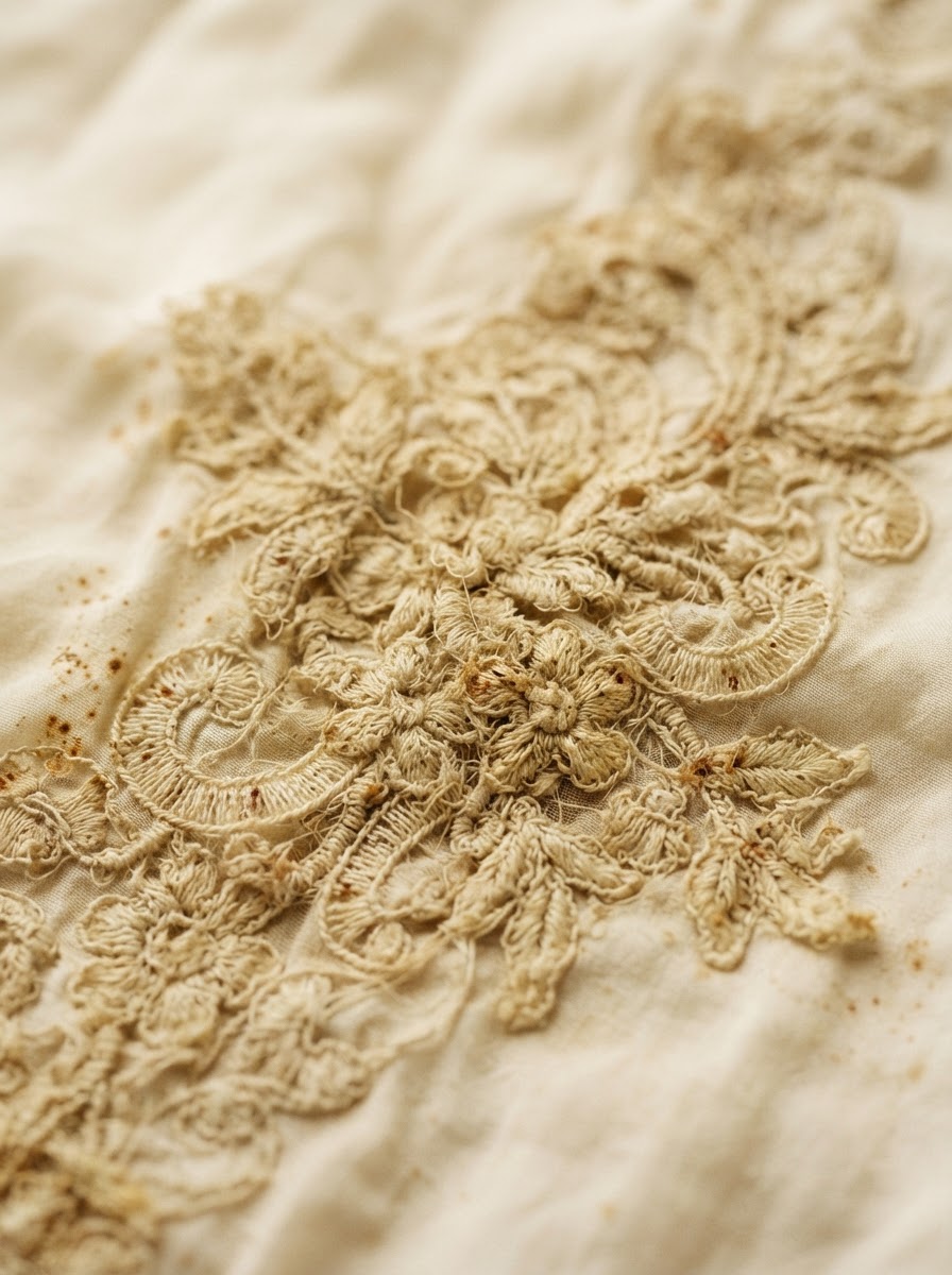 Lace Detail before restoration — yellowed and stained