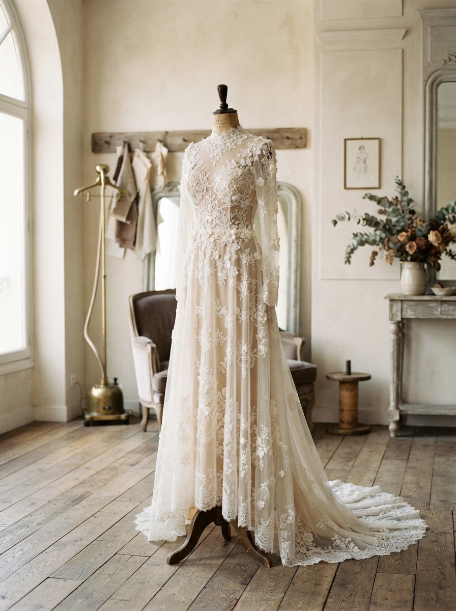 Elegant white wedding gown on display in a luxury bridal atelier