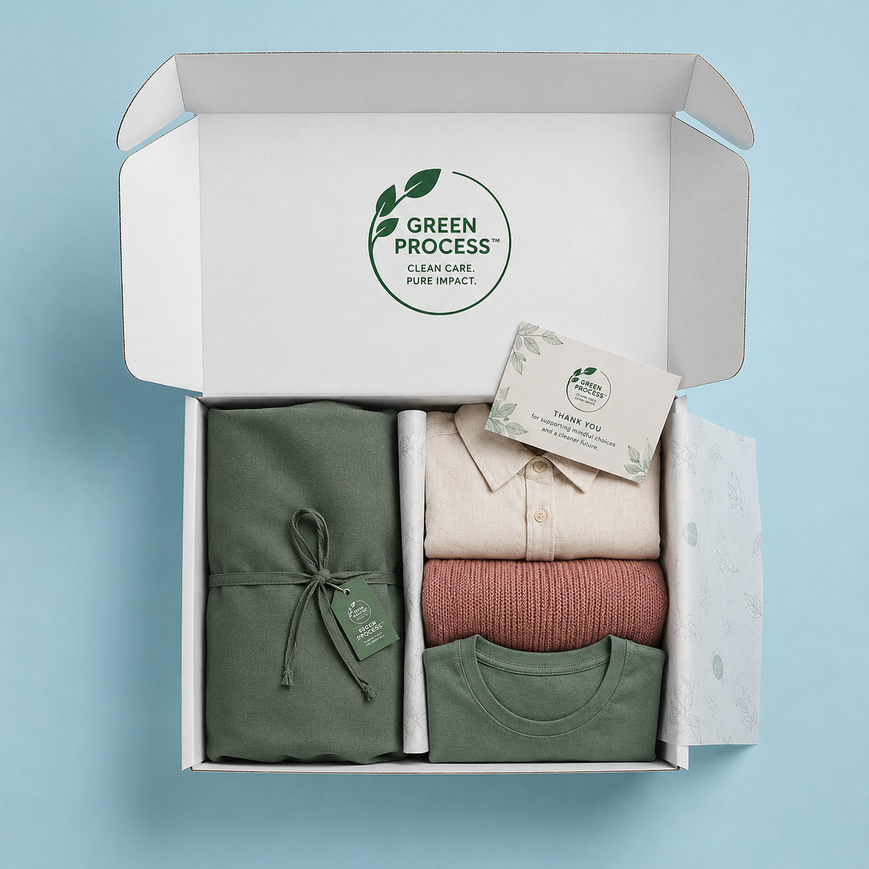 Green Process box top-down view with garments and thank-you card