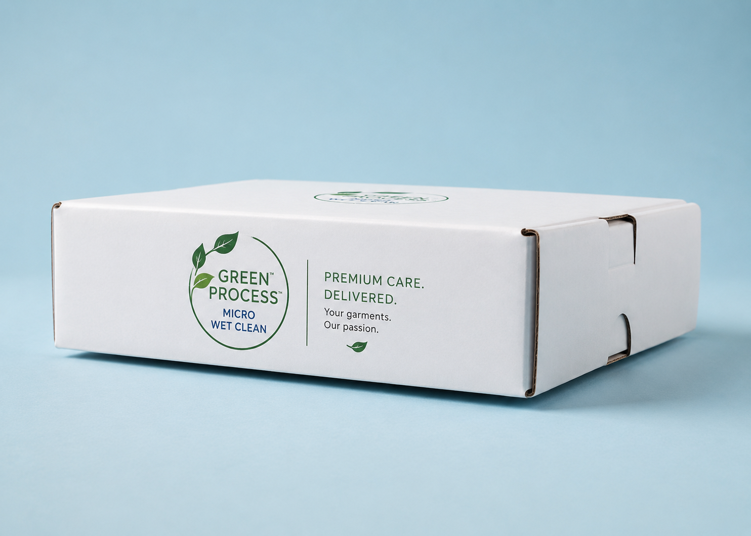 Green Process premium white mailer box side profile view closed
