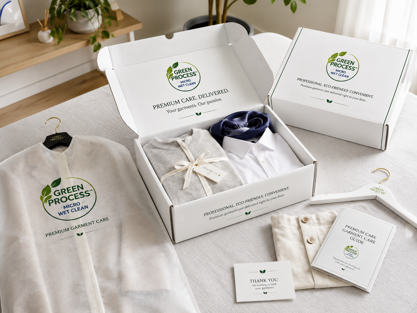 Green Process Micro Wet Clean packaging with folded garments, garment bag, and care guide