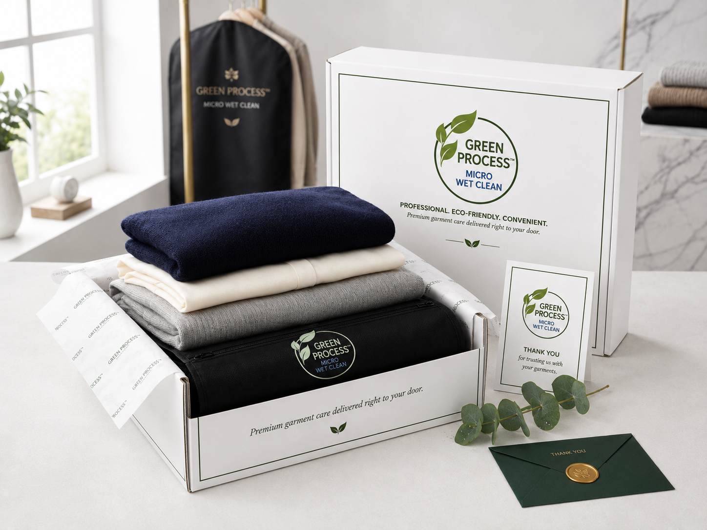 Green Process Micro Wet Clean Mail-In Service box with folded garments