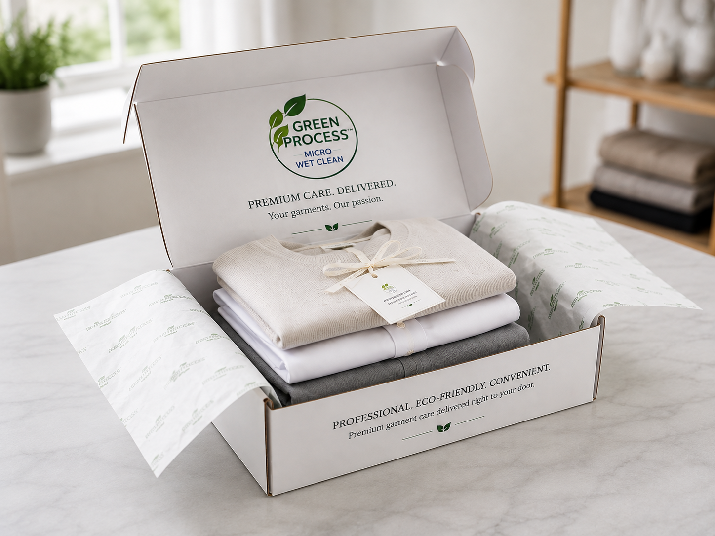 Green Process premium white mailer box open with folded sweater and shirts