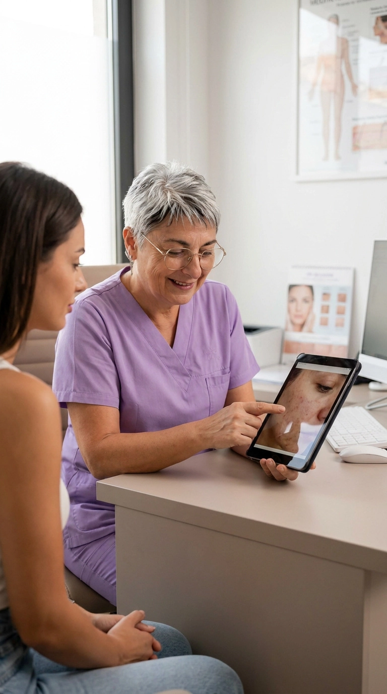 Merche en consulta realizando diagnóstico facial con tablet a una paciente en MercheStetic