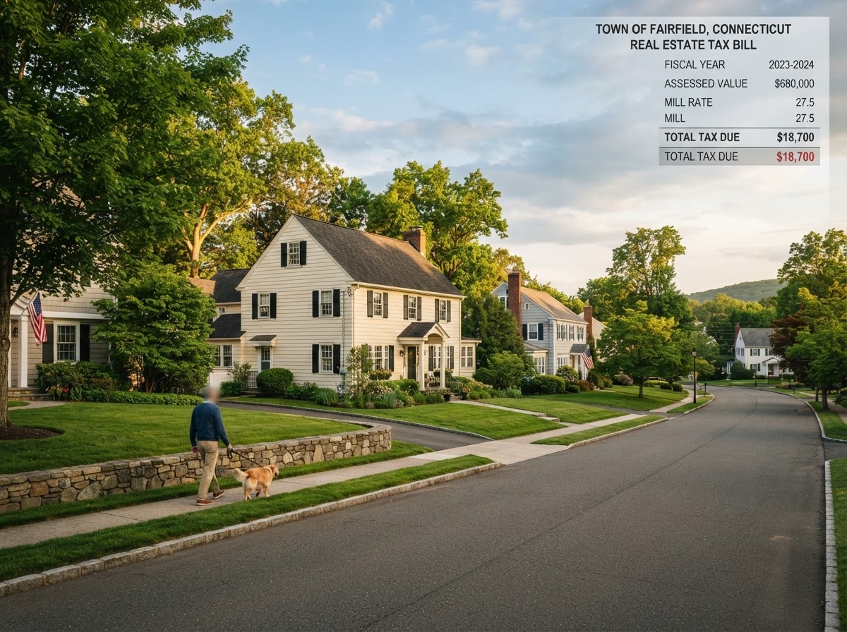 Suburban Connecticut neighborhood representing the property tax burden on homeowners