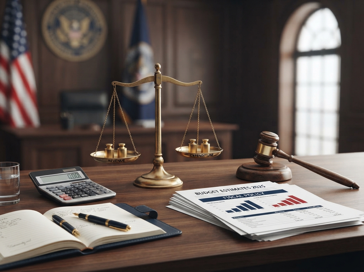 Balanced budget desk with calculator and gavel representing fiscal responsibility