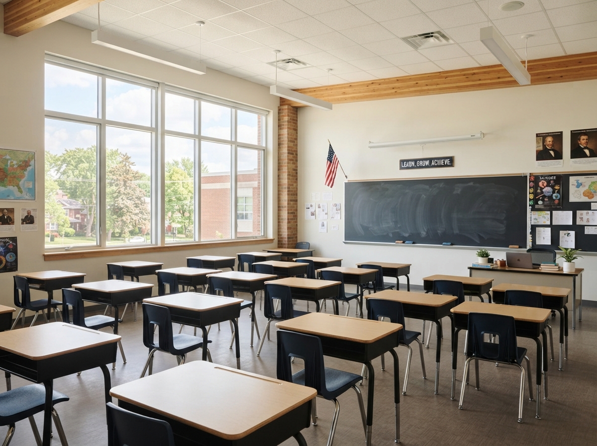 Bright public school classroom representing local oversight of education
